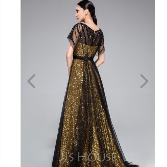 Gold sequins mesh party evening formal dress - Picture 2 of 7